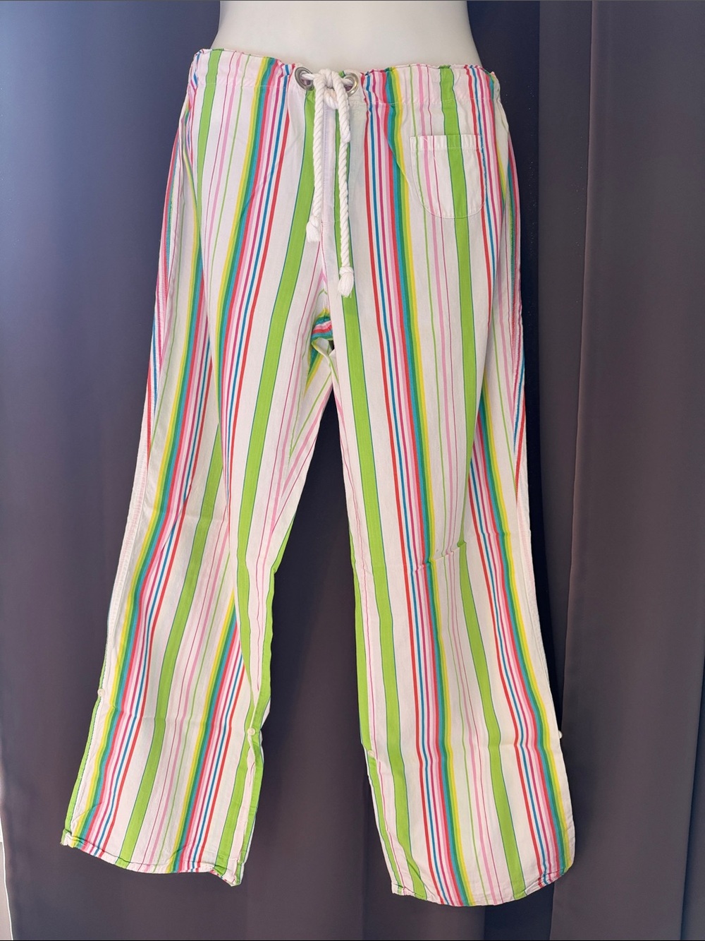 *Vintage* Victoria's Secret Lime & Multi-Stripe Drawstring Pajama Pants